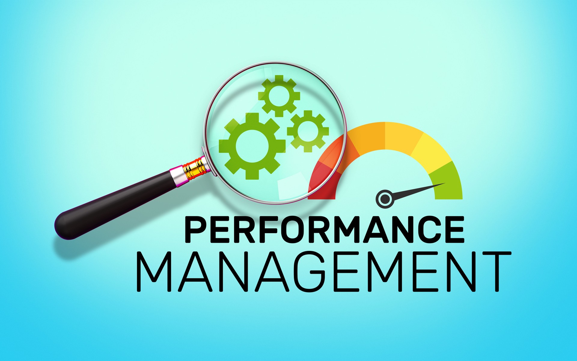 Performance Management Under Magnifying Glass on Gear and Speedometer Icons - 3D Rendering